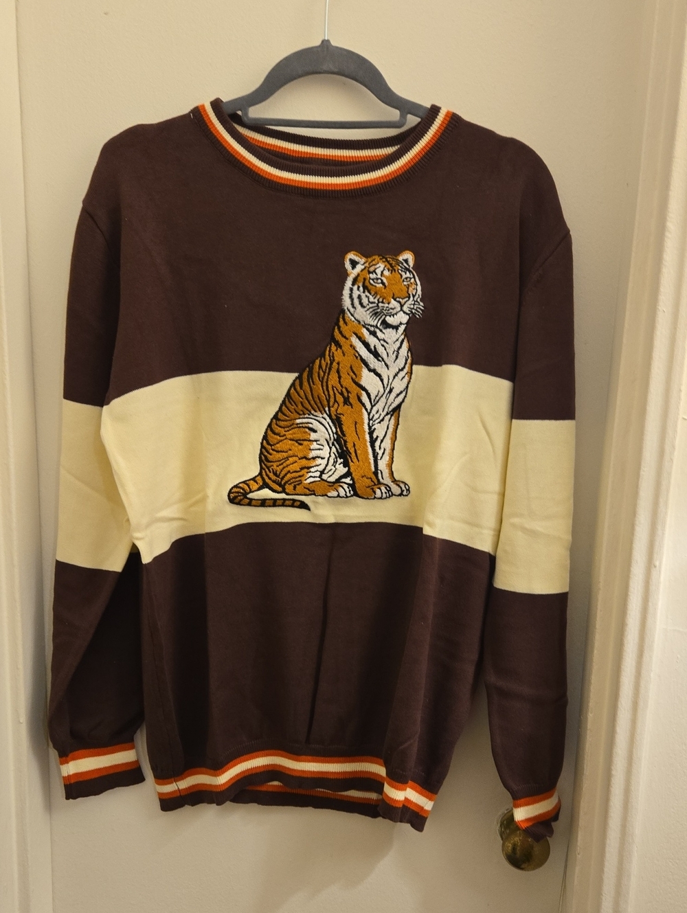 Men's Tiger Embroidered Crewneck Sweater in Brown and Cream